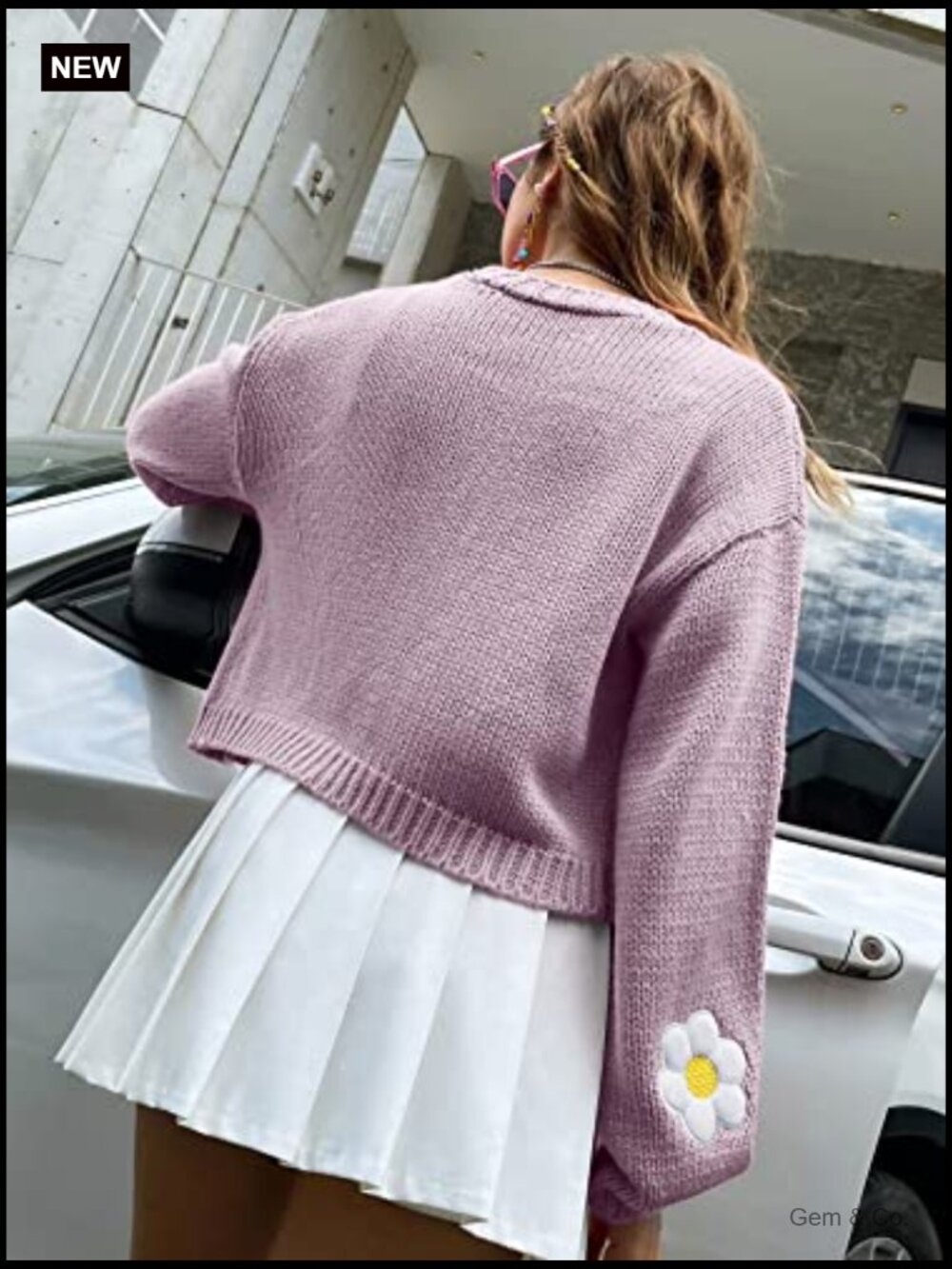 Crop Daisy Floral Knit Cardigan Y2K Open Front Layering Piece Long Sleeve - Picture 5 of 7
